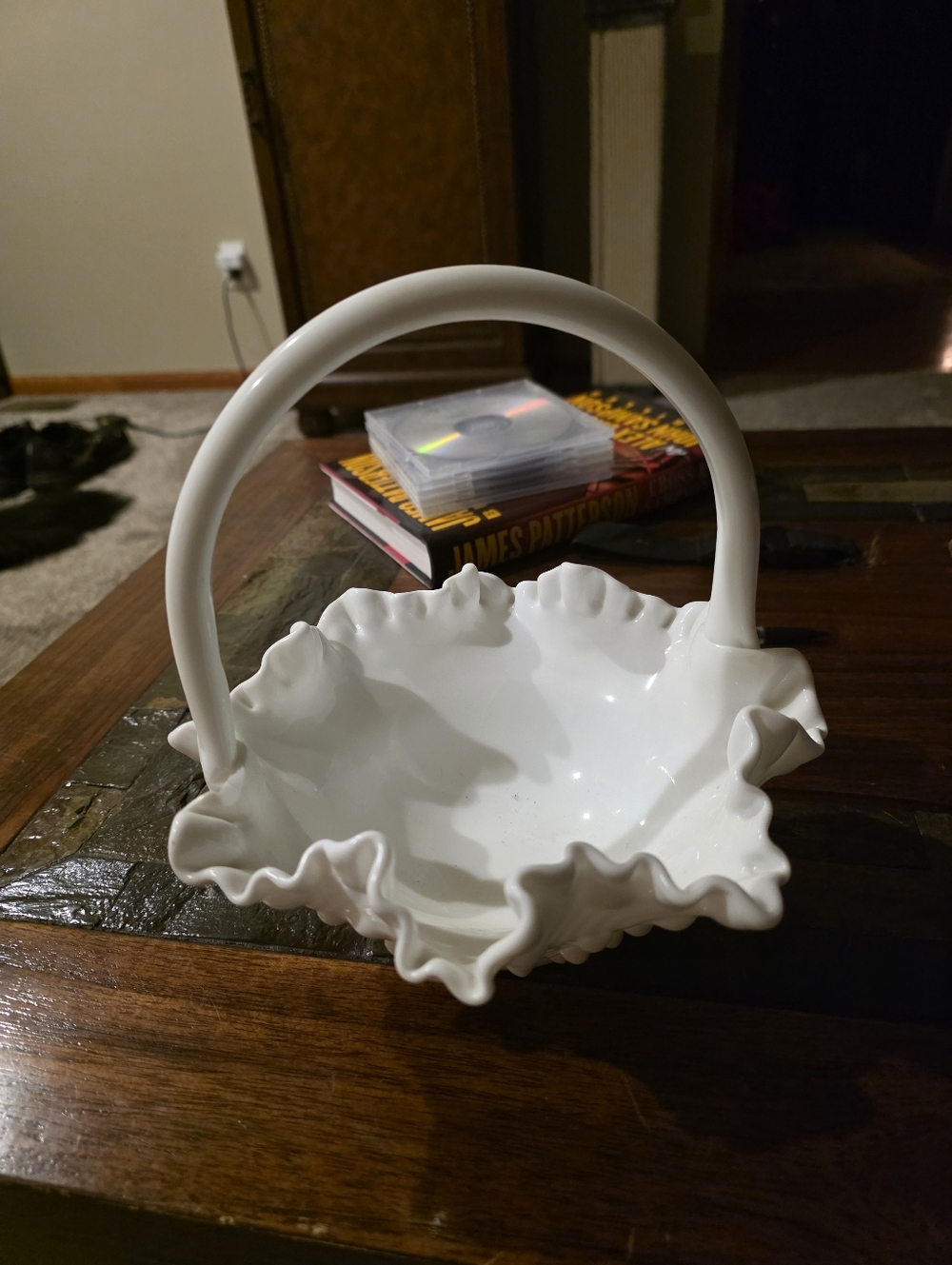 White Hobnail Fenton Glass Basket